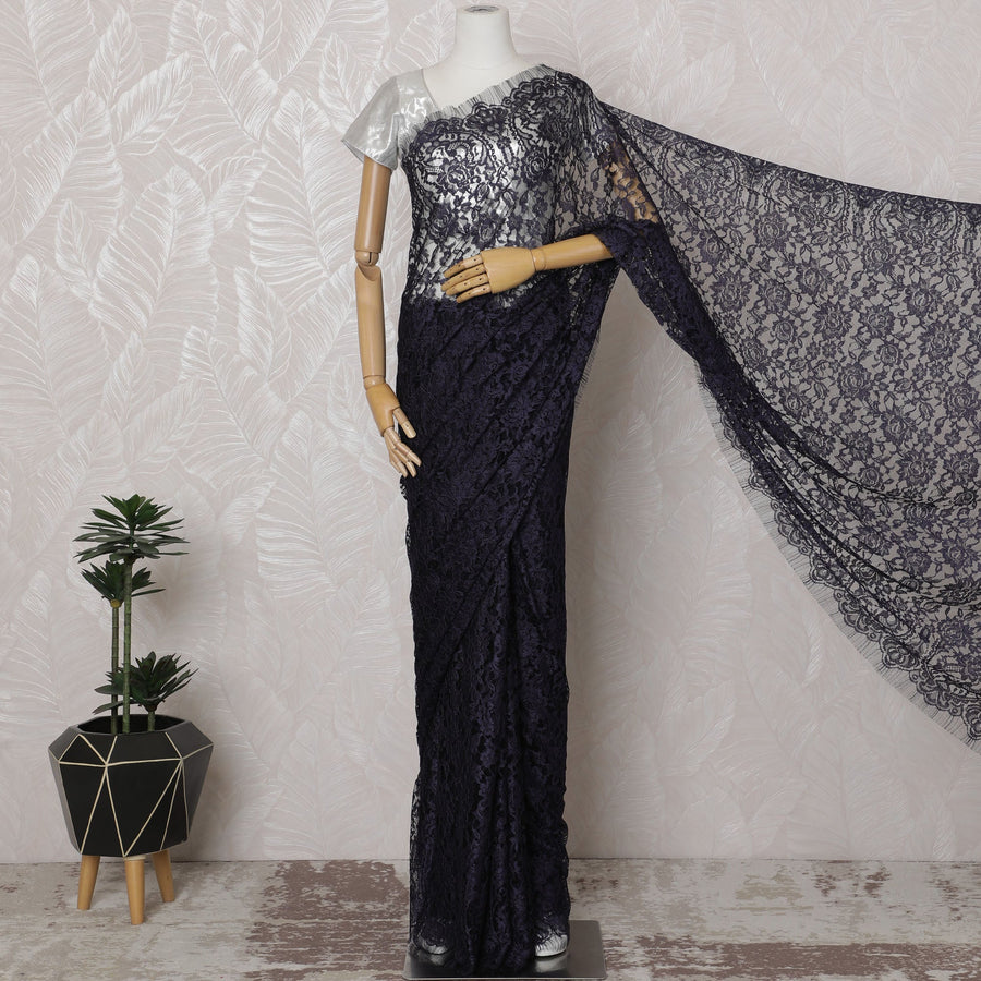 Navy Blue and Black French Two-tone Chantilly Lace Saree - 110 cm Width, 5.5 Meters-D20176