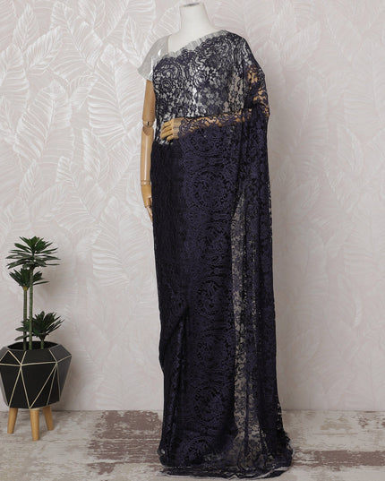 Navy Blue and Black French Two-tone Chantilly Lace Saree - 110 cm Width, 5.5 Meters-D20176