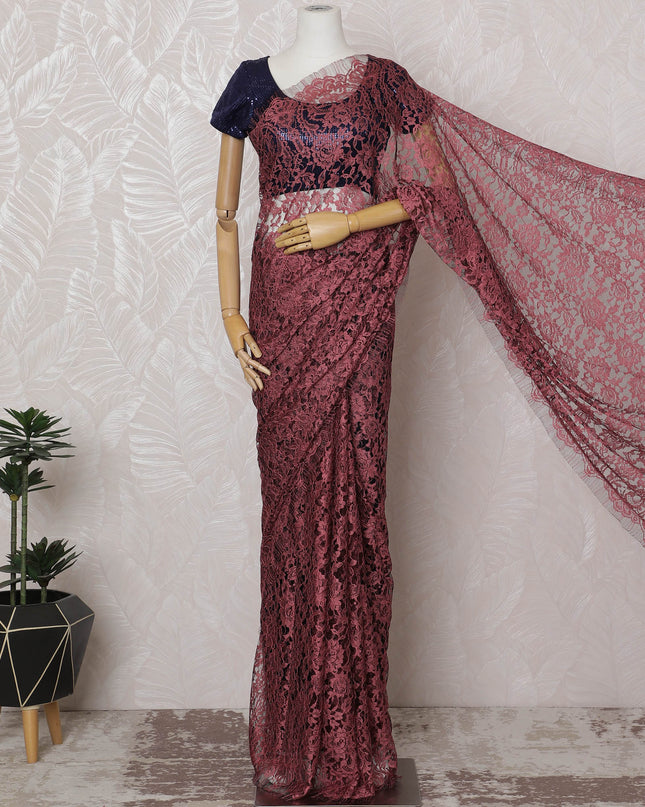 ساري فرنسي من الدانتيل بلونين بورجوندي وأسود - عرض 110 سم، 5.5 متر - D20177