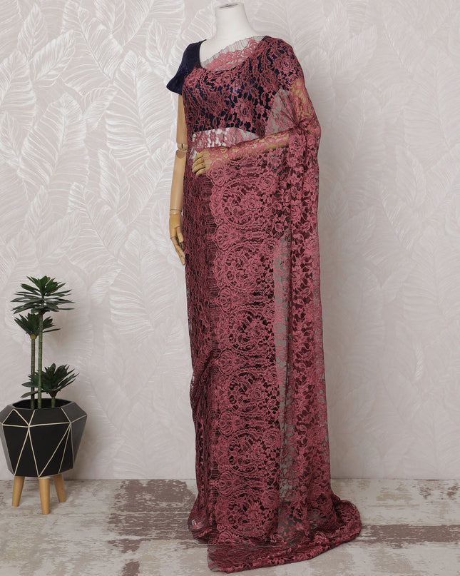 ساري فرنسي من الدانتيل بلونين بورجوندي وأسود - عرض 110 سم، 5.5 متر - D20177