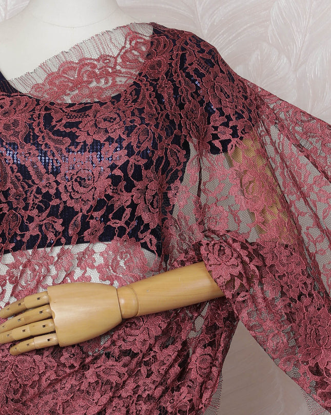 ساري فرنسي من الدانتيل بلونين بورجوندي وأسود - عرض 110 سم، 5.5 متر - D20177