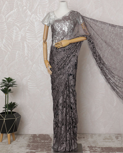 Light Pink and Charcoal French Two-tone Chantilly Lace Saree - 110 cm Width, 5.5 Mtrs-D20179