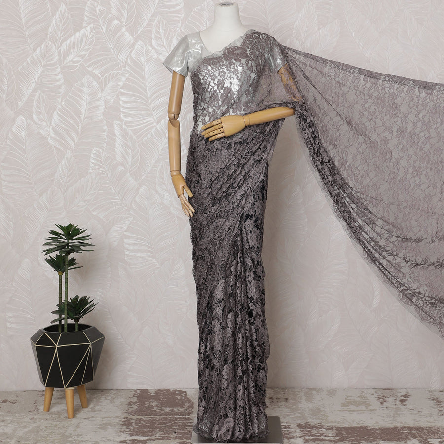 Light Pink and Charcoal French Two-tone Chantilly Lace Saree - 110 cm Width, 5.5 Mtrs-D20179