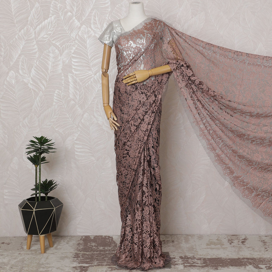 Blush Pink and Black French Two-tone Chantilly Lace Saree - 110 cm Width, 5.5 Mtrs-D20180