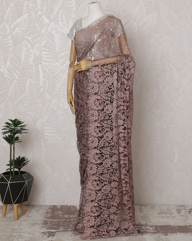 Blush Pink and Black French Two-tone Chantilly Lace Saree - 110 cm Width, 5.5 Mtrs-D20180