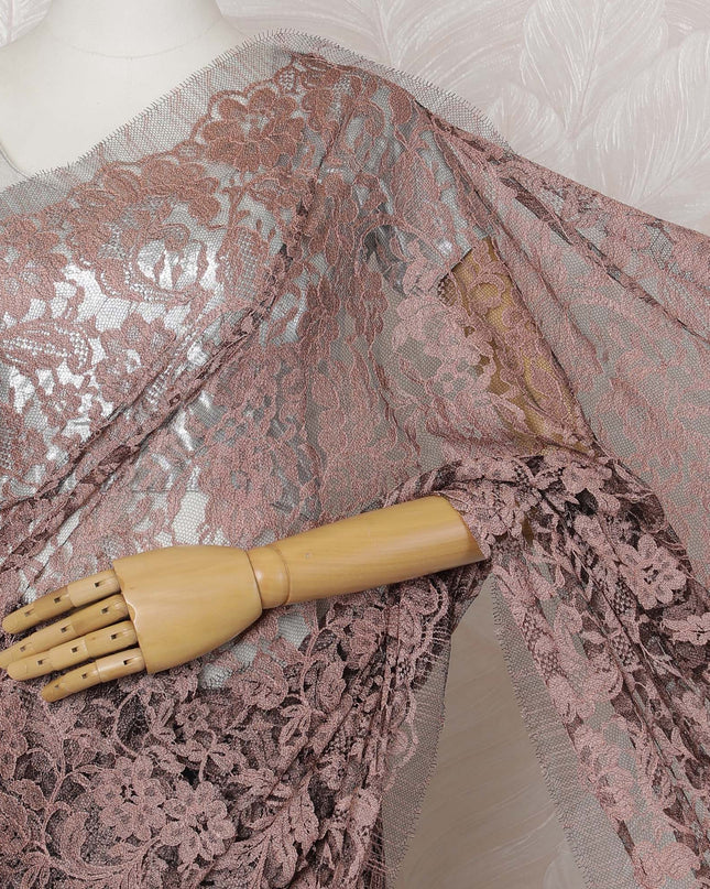 Blush Pink and Black French Two-tone Chantilly Lace Saree - 110 cm Width, 5.5 Mtrs-D20180