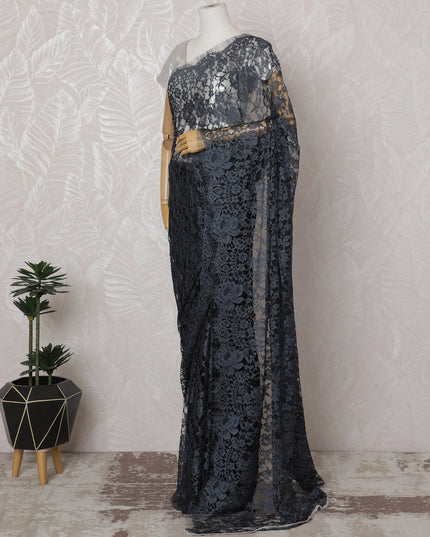 Elegant Midnight Blue and Black Chantilly Lace Fabric by the Yard - Premium French Two-Tone Design, 110 cm Width, 5.5 Meters-D20181