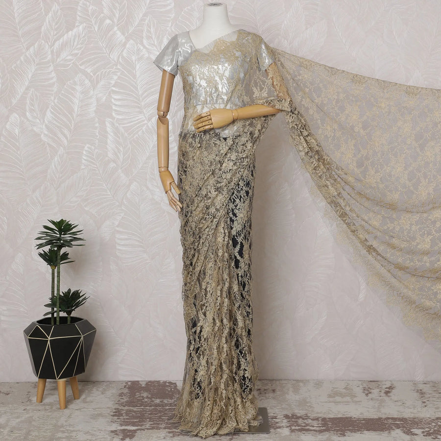 Luxurious Light Gold and Grey Chantilly Lace Fabric by the Yard - Premium French Two-Tone Design, 110 cm Width, 5.5 Meters-D20183 Regal Fabrics