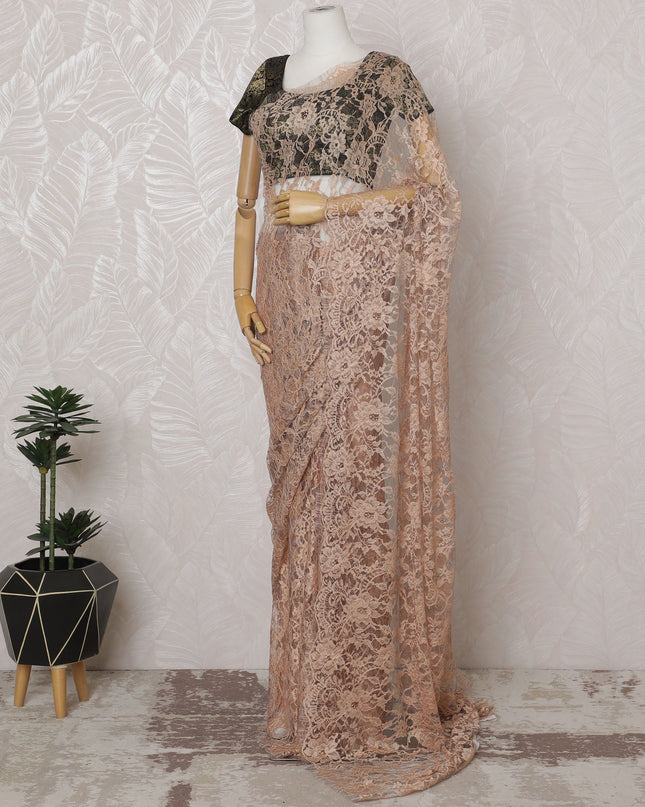 قماش دانتيل شانتيلي أنيق باللونين الخوخي والرمادي - تصميم فرنسي فاخر ثنائي اللون، عرض 110 سم، 5.5 متر - D20186