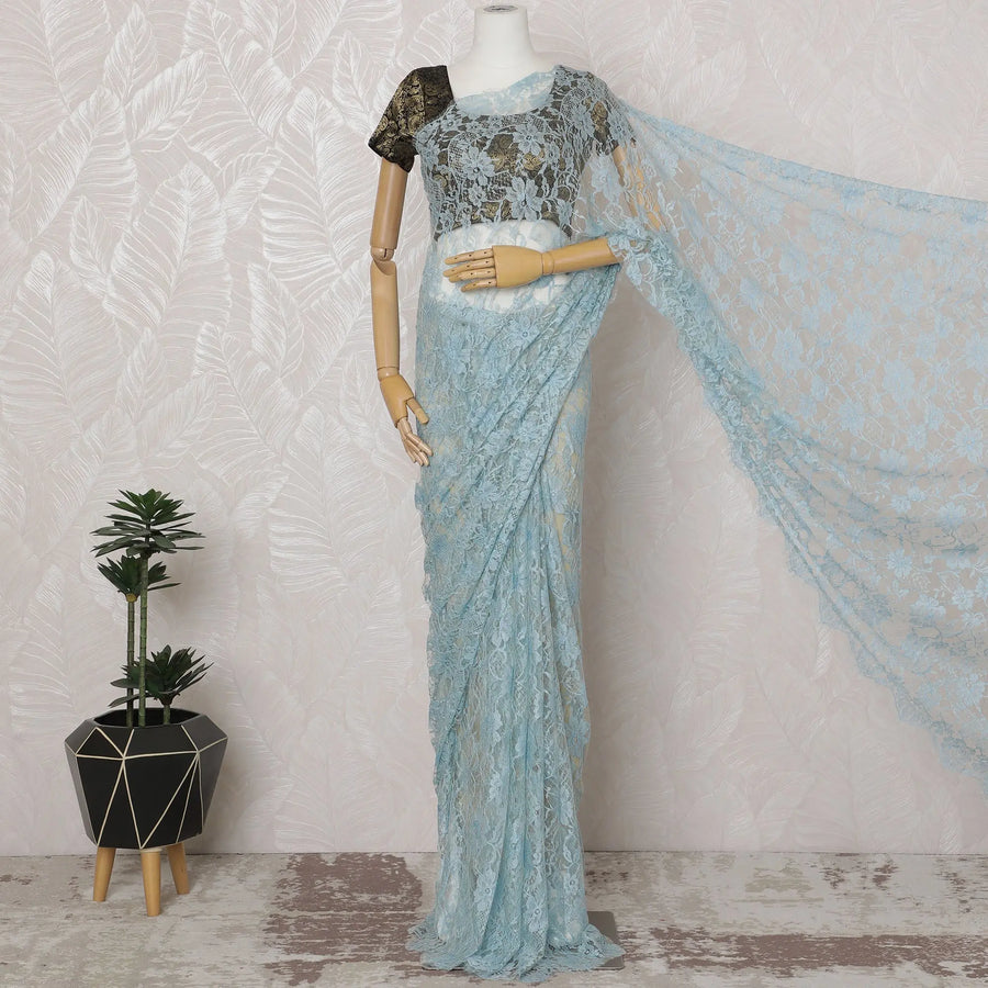 Stylish Sky Blue and Beige Chantilly Lace Fabric by the Yard - Premium French Two-Tone Design, 110 cm Width, 5.5 Meters-D20187 Regal Fabrics