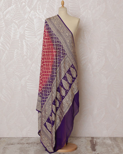 Purple and Red Bandhani Silk Georgette Dupatta with Intricate Golden Border – 265 x 110 Cms, India-D20288