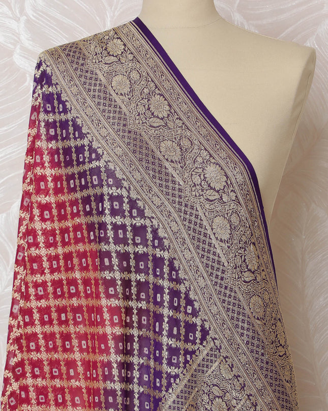 Purple and Red Bandhani Silk Georgette Dupatta with Intricate Golden Border – 265 x 110 Cms, India-D20288