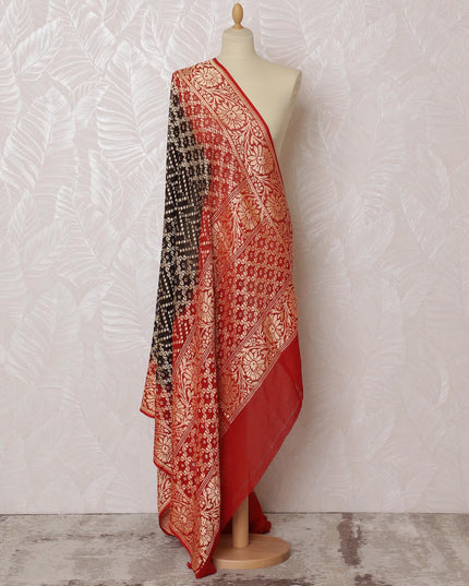 Brown and Red Bandhani Silk Georgette Dupatta with Golden Floral Border – 265 x 110 Cms, India-D20289