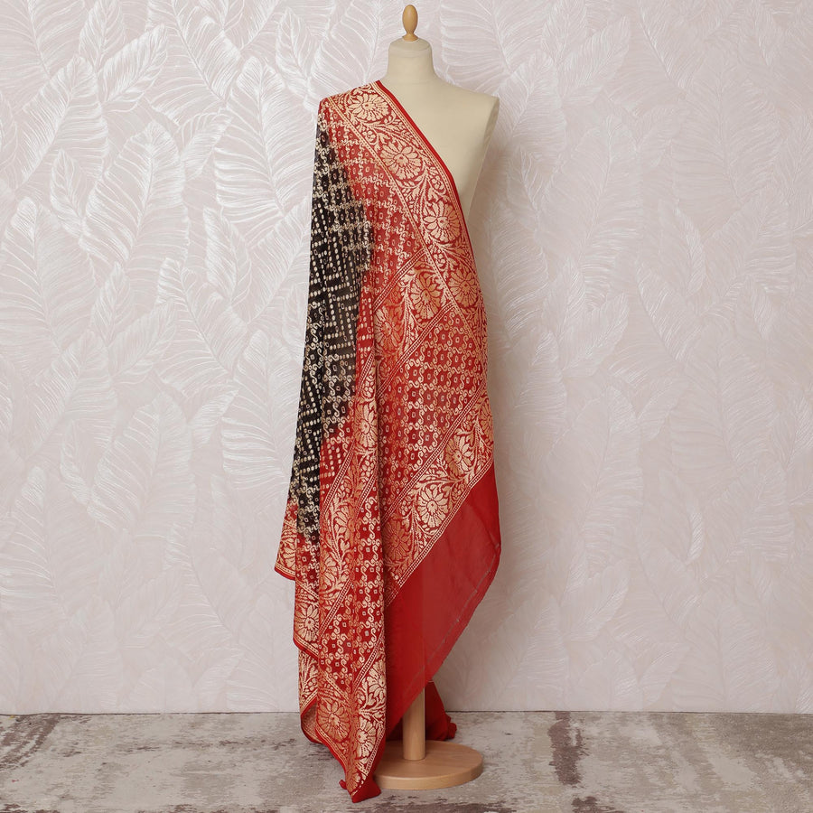 Brown and Red Bandhani Silk Georgette Dupatta with Golden Floral Border – 265 x 110 Cms, India-D20289