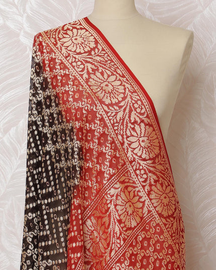 Brown and Red Bandhani Silk Georgette Dupatta with Golden Floral Border – 265 x 110 Cms, India-D20289