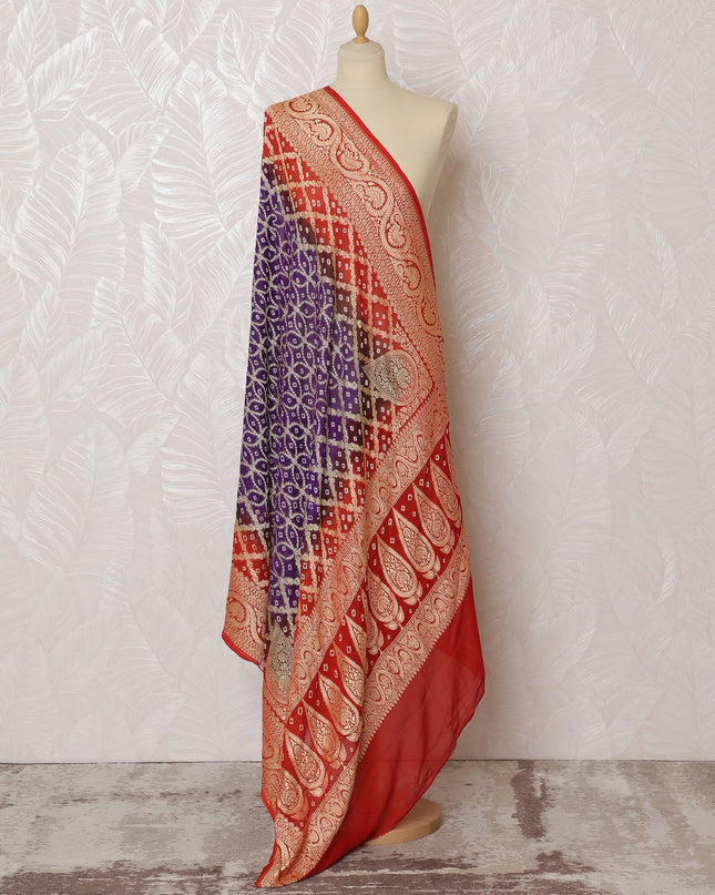 Purple and Red Bandhani Silk Georgette Dupatta with Paisley Golden Border – 265 x 110 Cms, India-D20290