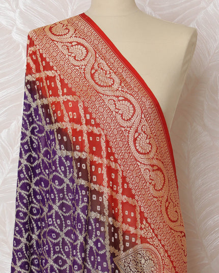 Purple and Red Bandhani Silk Georgette Dupatta with Paisley Golden Border – 265 x 110 Cms, India-D20290