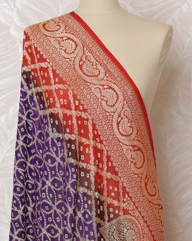 Purple and Red Bandhani Silk Georgette Dupatta with Paisley Golden Border – 265 x 110 Cms, India-D20290