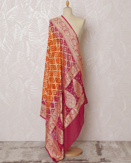 Orange and Pink Bandhani Silk Georgette Dupatta with Golden Border – 265 x 110 Cms, India-D20291