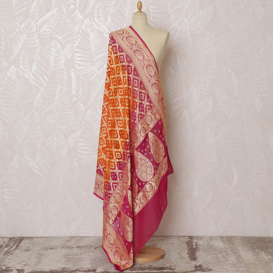 Orange and Pink Bandhani Silk Georgette Dupatta with Golden Border – 265 x 110 Cms, India-D20291