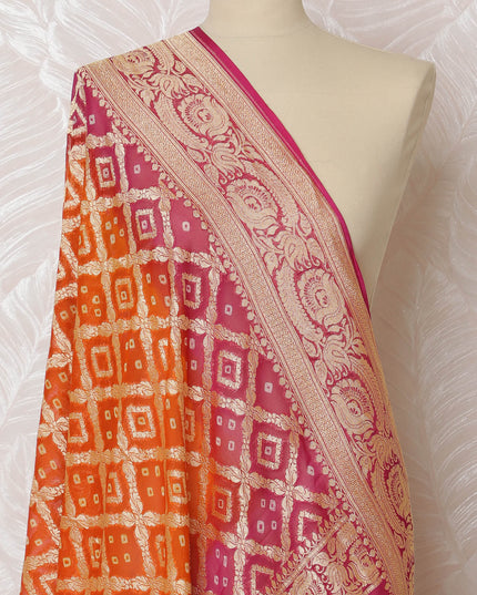 Orange and Pink Bandhani Silk Georgette Dupatta with Golden Border – 265 x 110 Cms, India-D20291