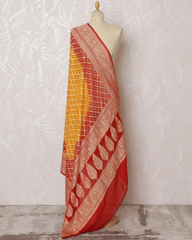 Yellow and Red Bandhani Silk Georgette Dupatta with Golden Floral Border – 265 x 110 Cms, India-D20292