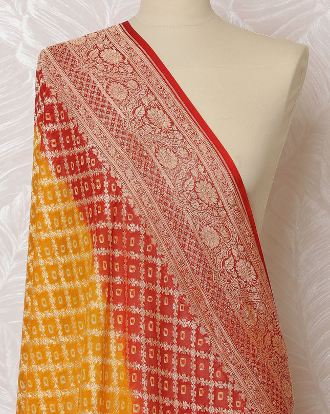 Yellow and Red Bandhani Silk Georgette Dupatta with Golden Floral Border – 265 x 110 Cms, India-D20292