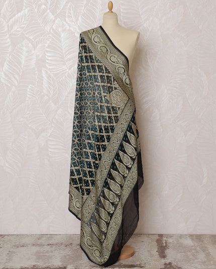 Black and Teal Bandhani Silk Georgette Dupatta with Golden Paisley Border – 265 x 110 Cms, India-D20293