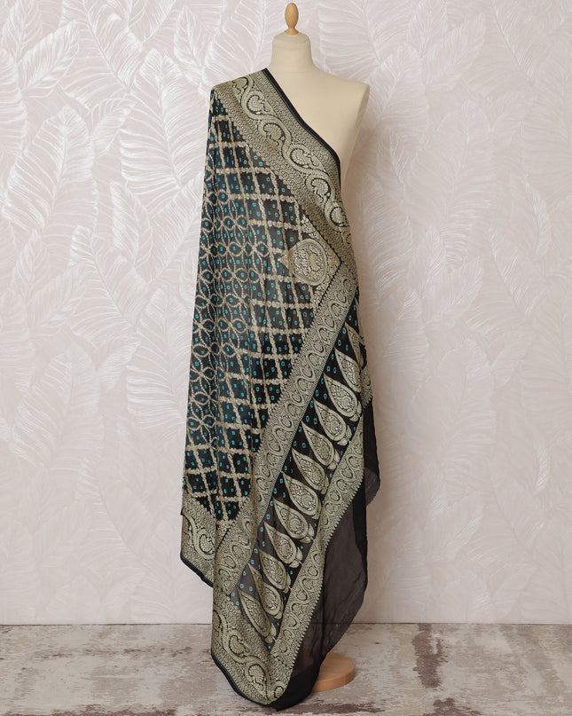 Black and Teal Bandhani Silk Georgette Dupatta with Golden Paisley Border – 265 x 110 Cms, India-D20293