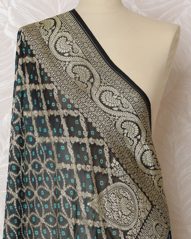 Black and Teal Bandhani Silk Georgette Dupatta with Golden Paisley Border – 265 x 110 Cms, India-D20293