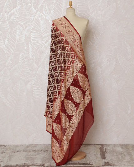 Maroon Bandhani Silk Georgette Dupatta with Golden Floral Border – 265 x 110 Cms, India-D20294