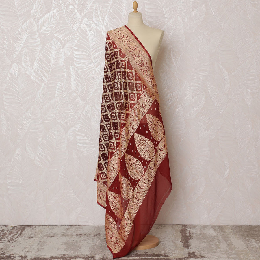 Maroon Bandhani Silk Georgette Dupatta with Golden Floral Border – 265 x 110 Cms, India-D20294