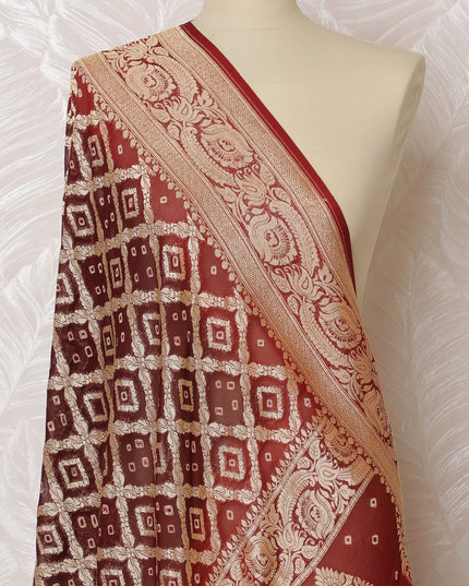 Maroon Bandhani Silk Georgette Dupatta with Golden Floral Border – 265 x 110 Cms, India-D20294