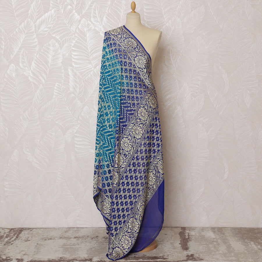 Blue and Teal Bandhani Silk Georgette Dupatta with Intricate Golden Floral Border – 265 x 110 Cms, India-D20295