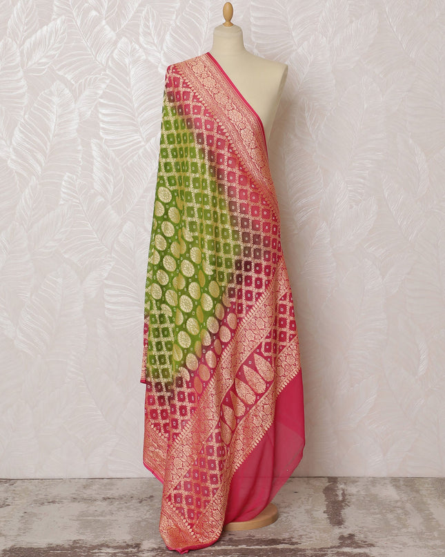 Green and Pink Bandhani Silk Georgette Dupatta with Golden Floral Border – 265 x 110 Cms, India-D20296