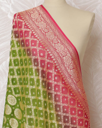 Green and Pink Bandhani Silk Georgette Dupatta with Golden Floral Border – 265 x 110 Cms, India-D20296