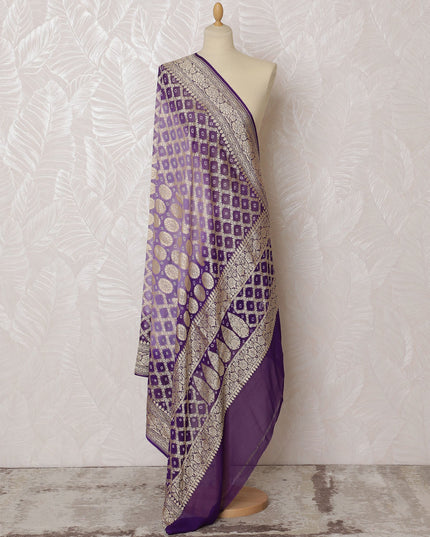 Purple Bandhani Silk Georgette Dupatta with Golden Floral Border – 265 x 110 Cms, India-D20297