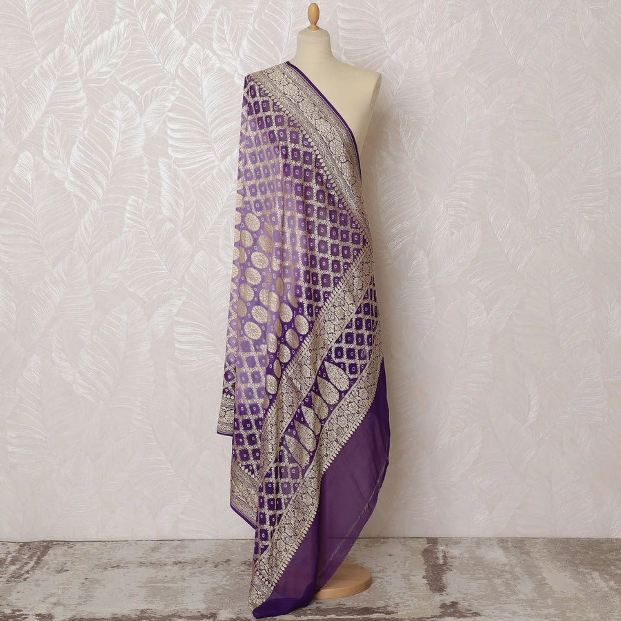 Purple Bandhani Silk Georgette Dupatta with Golden Floral Border – 265 x 110 Cms, India-D20297 Regal Fabrics