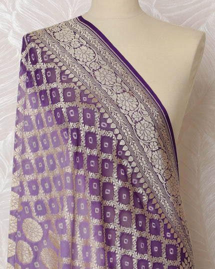 Purple Bandhani Silk Georgette Dupatta with Golden Floral Border – 265 x 110 Cms, India-D20297