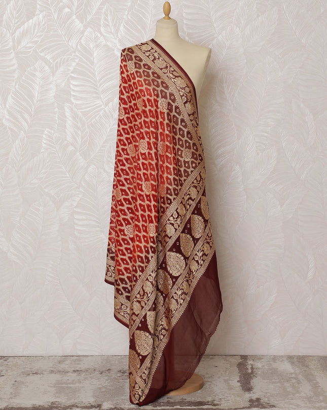 Brown and Red Bandhani Silk Georgette Dupatta with Golden Floral Border – 265 x 110 Cms, India-D20298