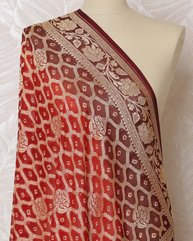 Brown and Red Bandhani Silk Georgette Dupatta with Golden Floral Border – 265 x 110 Cms, India-D20298