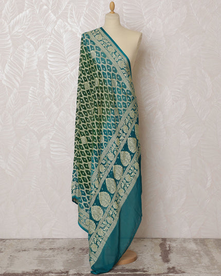 Teal Green Bandhani Silk Georgette Dupatta with Golden Floral Border – 265 x 110 Cms, India-D20299