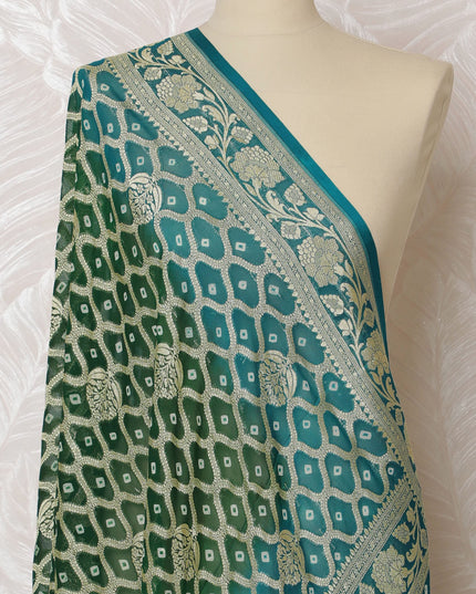 Teal Green Bandhani Silk Georgette Dupatta with Golden Floral Border – 265 x 110 Cms, India-D20299