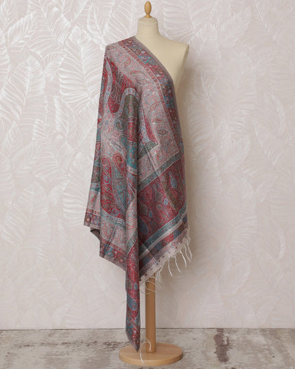 Gray and Red Paisley Silk Jacquard Dupatta with Fringed Edges – 235 X 95 Cms, India-D20301