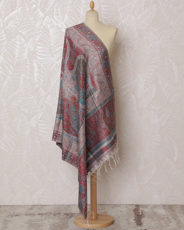 Gray and Red Paisley Silk Jacquard Dupatta with Fringed Edges – 235 X 95 Cms, India-D20301