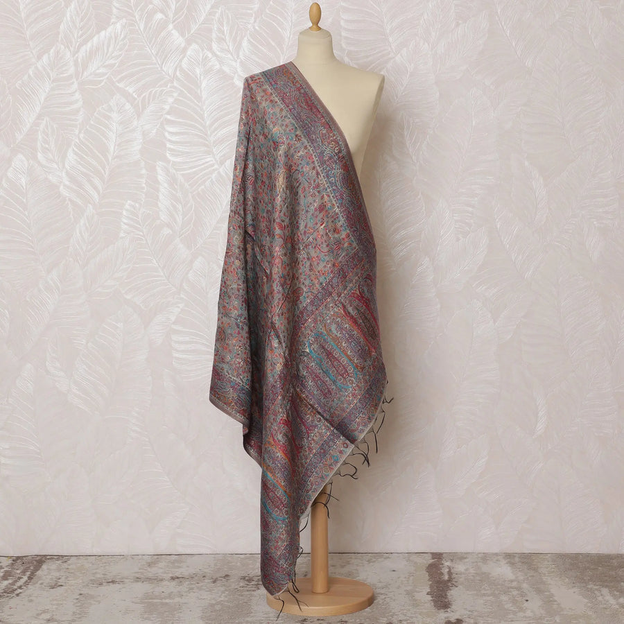 Gray and Blue Paisley Silk Jacquard Dupatta with Fringed Edges – 235 X 95 Cms, India-D20302 Regal Fabrics