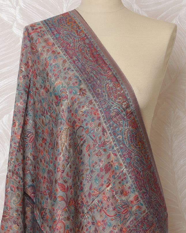 Gray and Blue Paisley Silk Jacquard Dupatta with Fringed Edges – 235 X 95 Cms, India-D20302