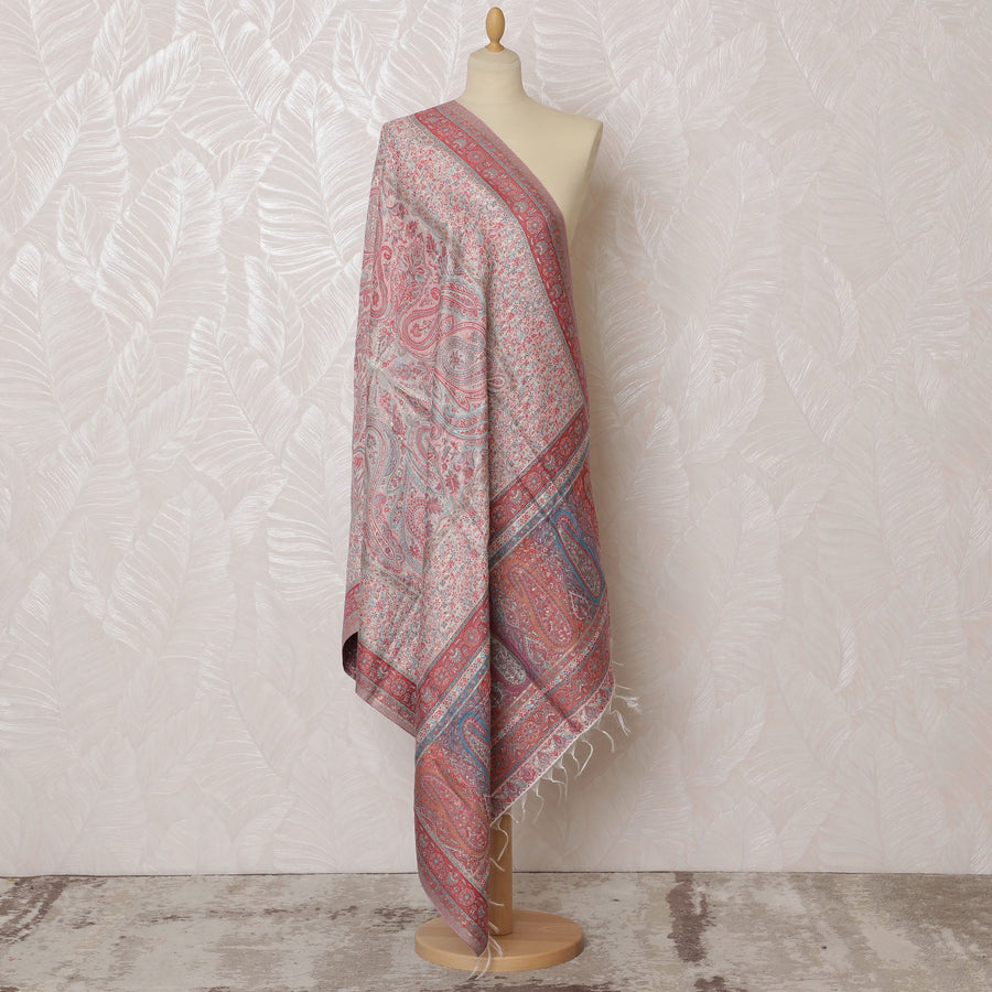 Pastel Pink and Gray Paisley Silk Jacquard Dupatta with Fringed Edges – 235 X 95 Cms, India-D20304