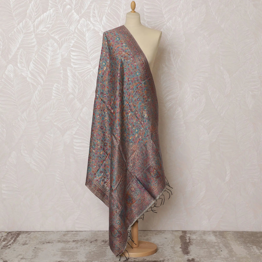 Gray Silk Jacquard Dupatta with Multicolor Floral Design – 235 X 95 Cms, India
-D20306 Regal Fabrics