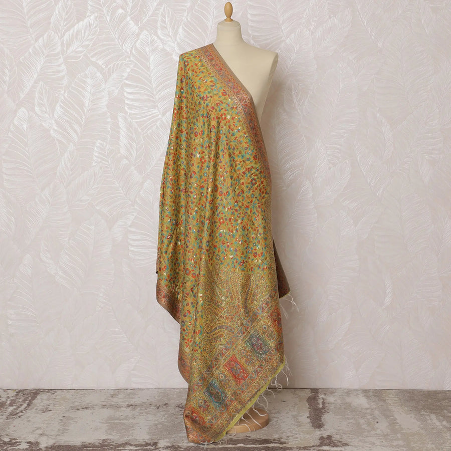 Mustard Yellow Silk Jacquard Dupatta with Multicolor Floral Design – 235 X 95 Cms, India-D20308 Regal Fabrics